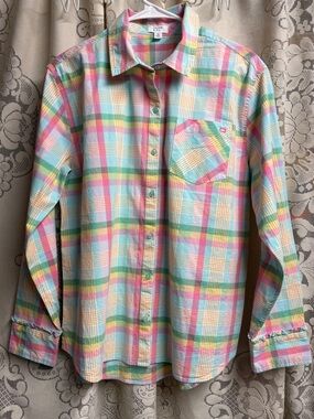 Crown & Ivy Pastel Plaid Button-Down Shirt in Pink, Mint, Yellow, White Medium